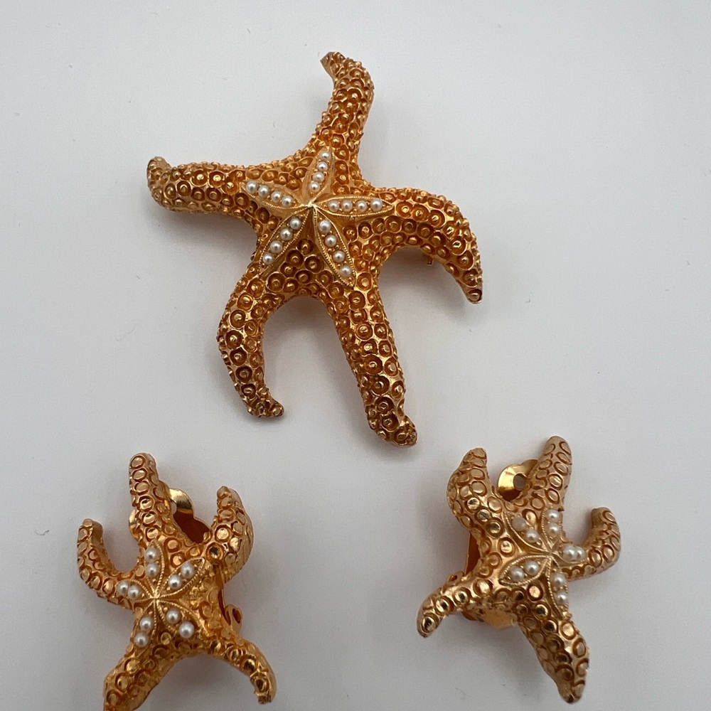 BELLINI Gold With Pearls Starfish Brooch and Earrings Set- Signed